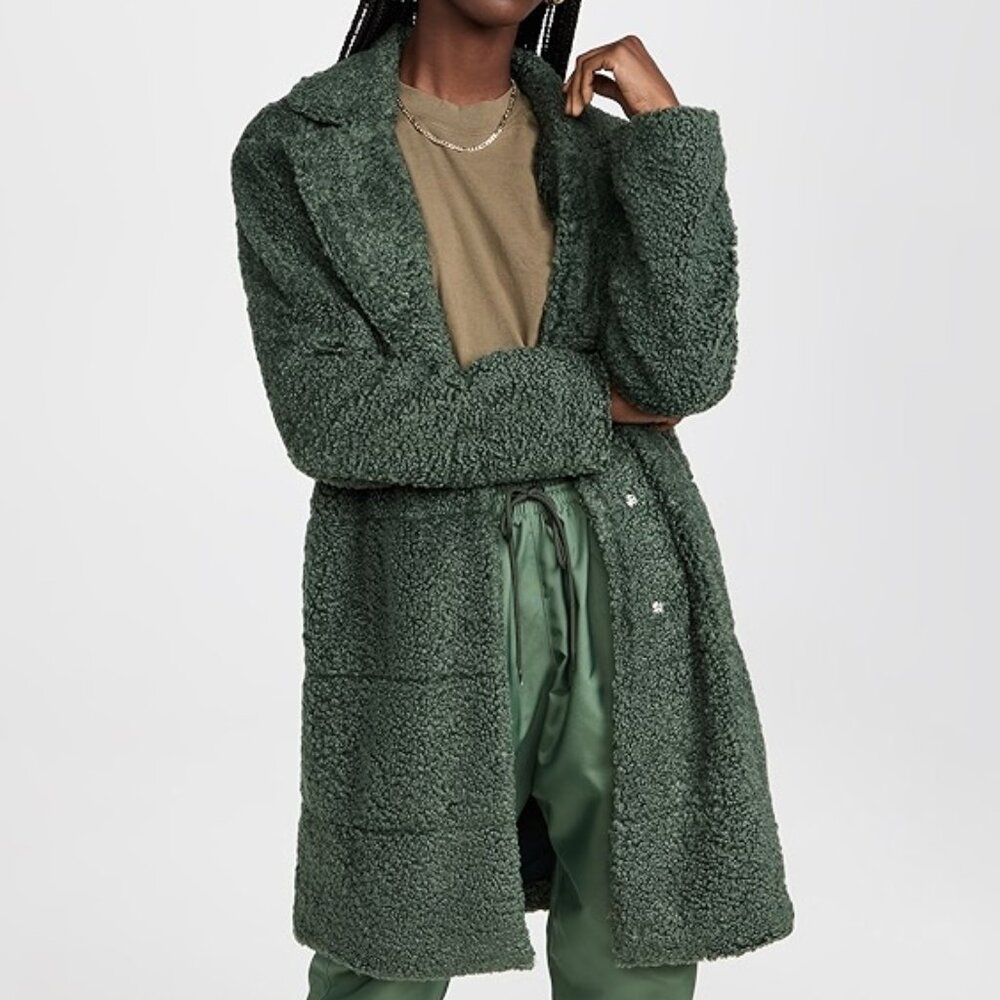 Monrow Teddy Coat Women L Green Faux‎ Fur Sherpa Mid Length Chic Edgy Mob Wife